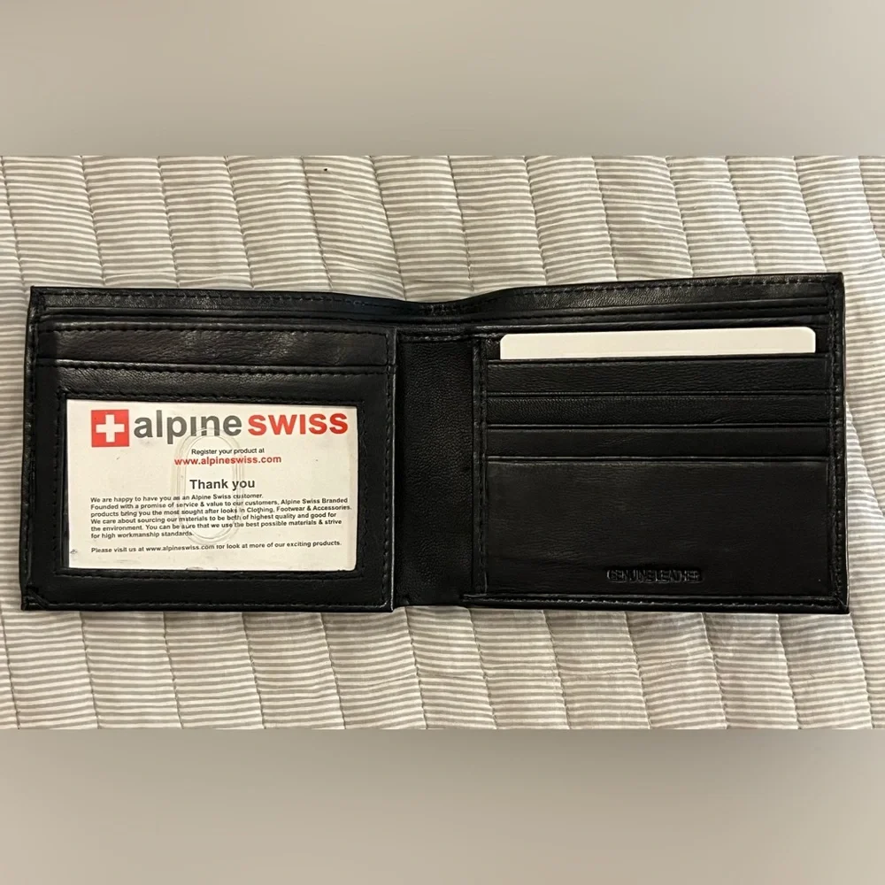 Alpine Swiss Mens Black Genuine Leather Bifold Wallet NWT Deadstock